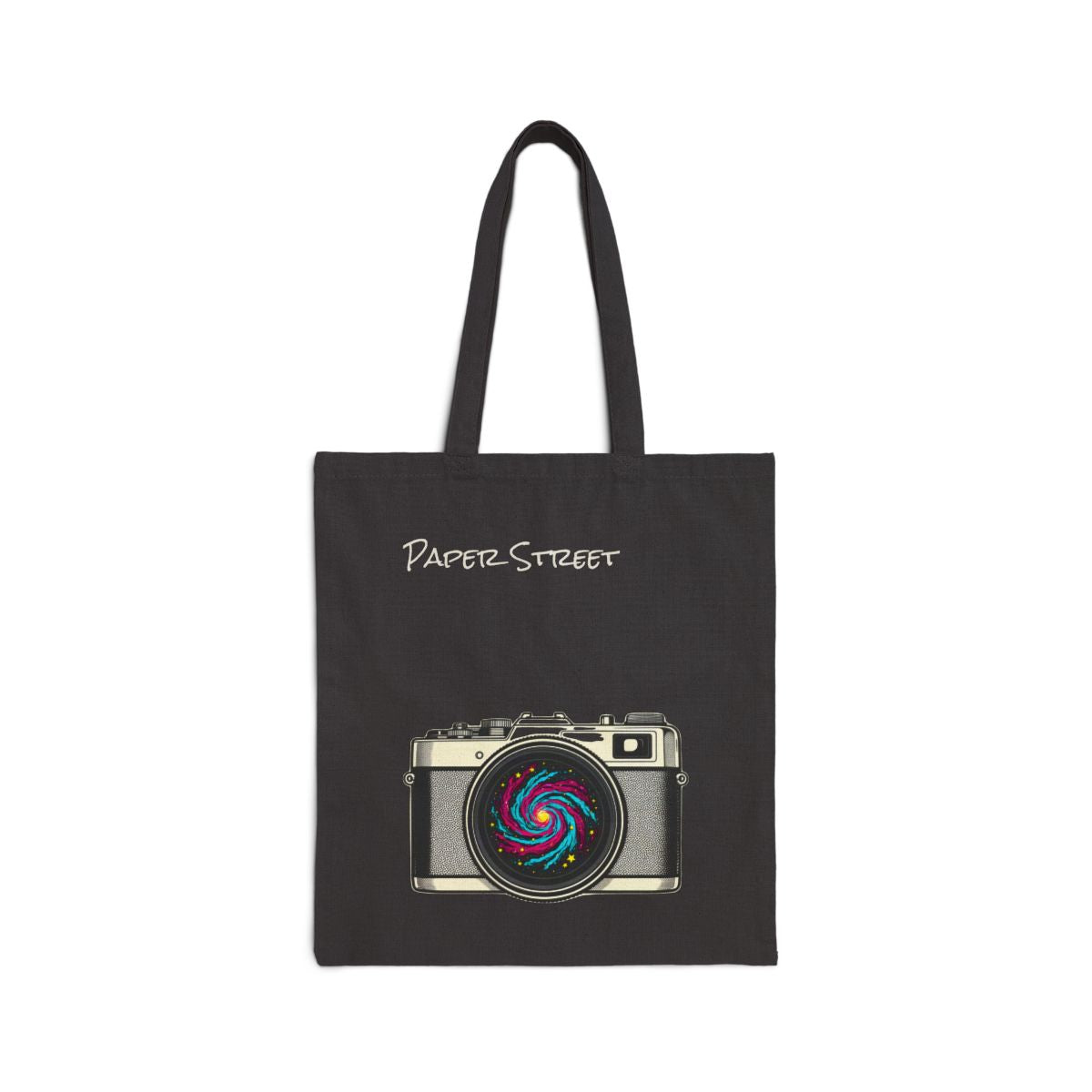 A Galaxy in the Viewfinder — an original artwork printed on 305gsm organic cotton denim or 12oz cotton canvas — you choose the bag