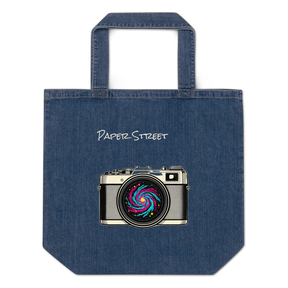 A Galaxy in the Viewfinder — an original artwork printed on 305gsm organic cotton denim or 12oz cotton canvas — you choose the bag