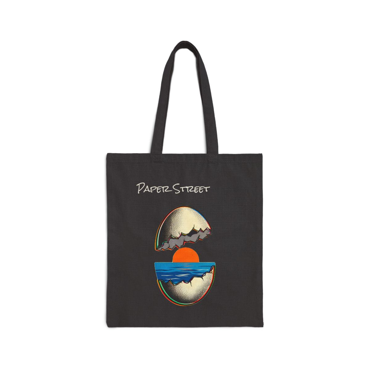 A Sunset Where the Yolk Should Be — an original artwork printed on 305gsm organic cotton denim or 12oz cotton canvas — you choose the bag
