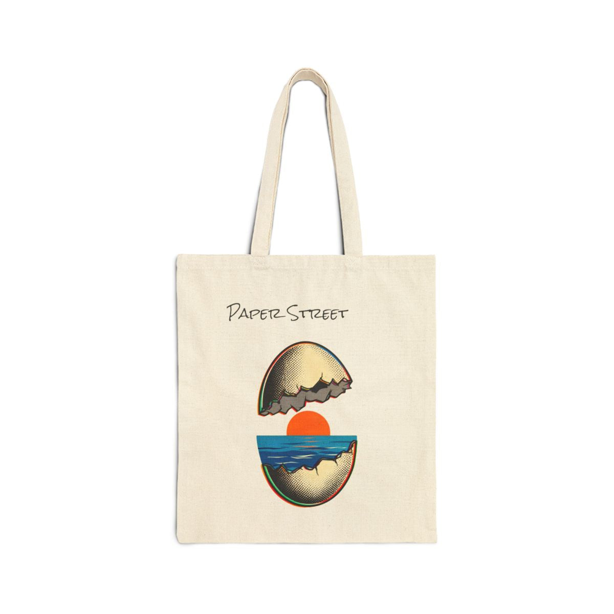 A Sunset Where the Yolk Should Be — an original artwork printed on 305gsm organic cotton denim or 12oz cotton canvas — you choose the bag