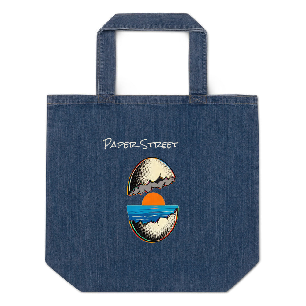 A Sunset Where the Yolk Should Be — an original artwork printed on 305gsm organic cotton denim or 12oz cotton canvas — you choose the bag