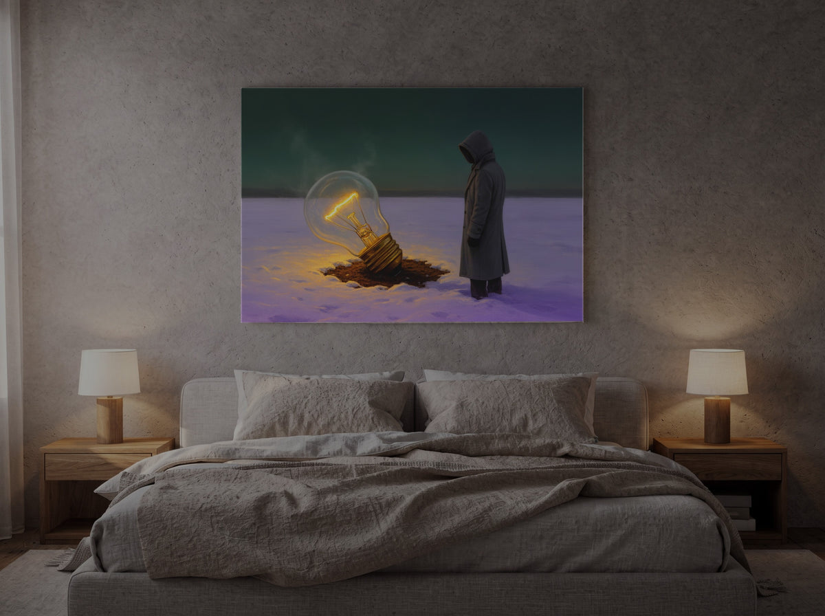 Dusk Over the Silent Expanse — an original artwork printed on high-gloss acrylic glass — shown in a bedroom