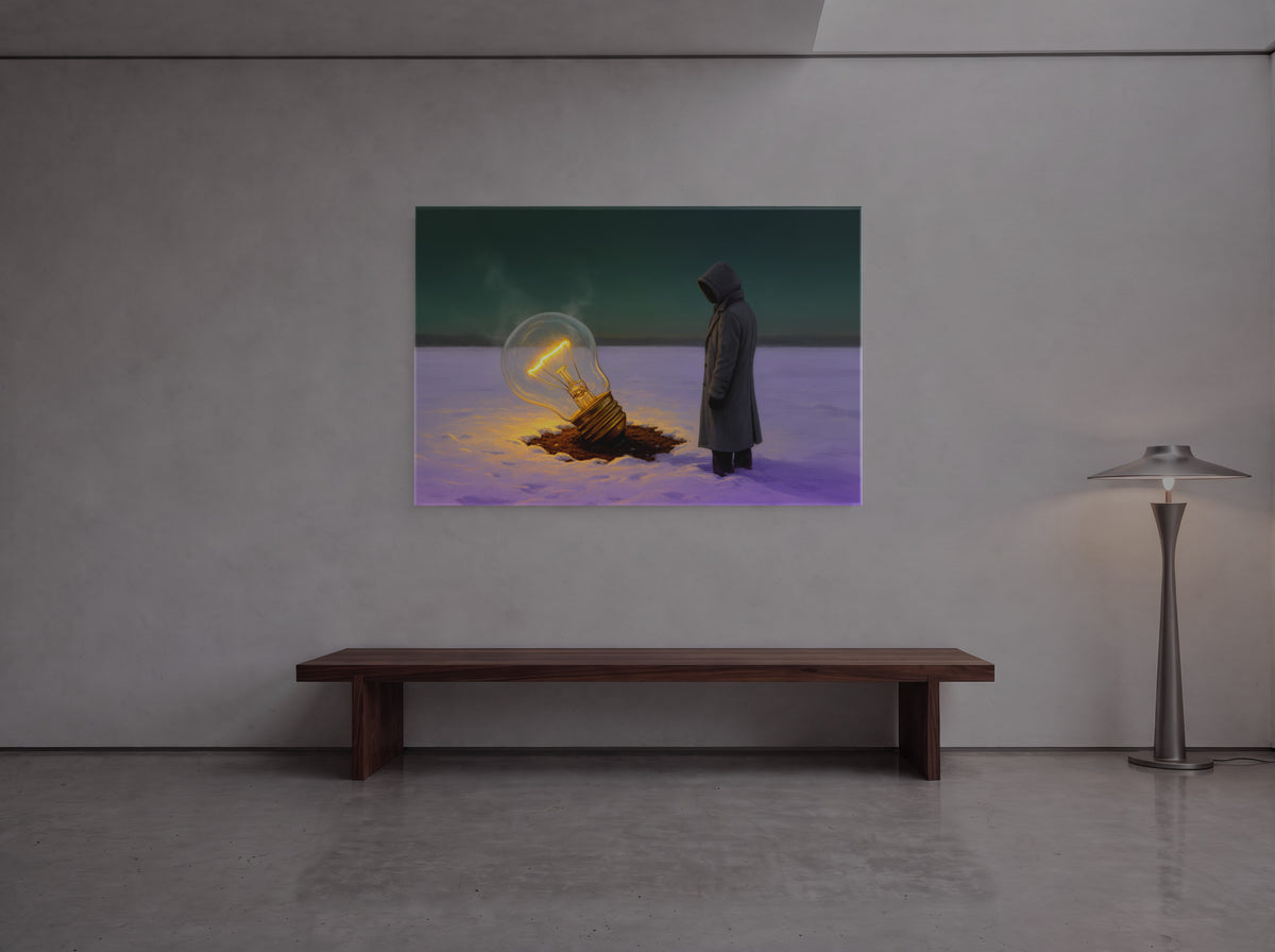 Dusk Over the Silent Expanse — an original artwork printed on high-gloss acrylic glass — shown in a gallery-style hall