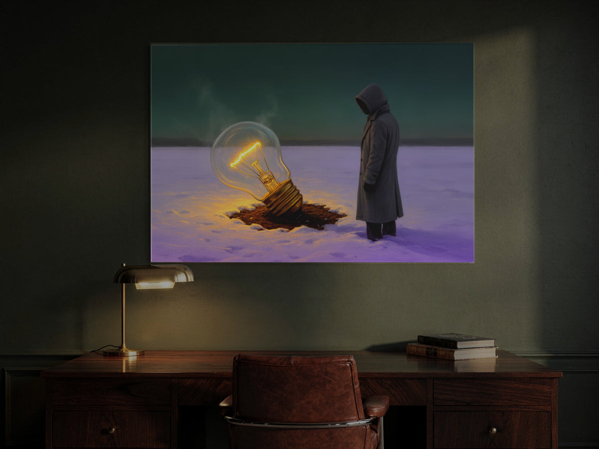 Dusk Over the Silent Expanse — an original artwork printed on high-gloss acrylic glass — shown in a dark green study
