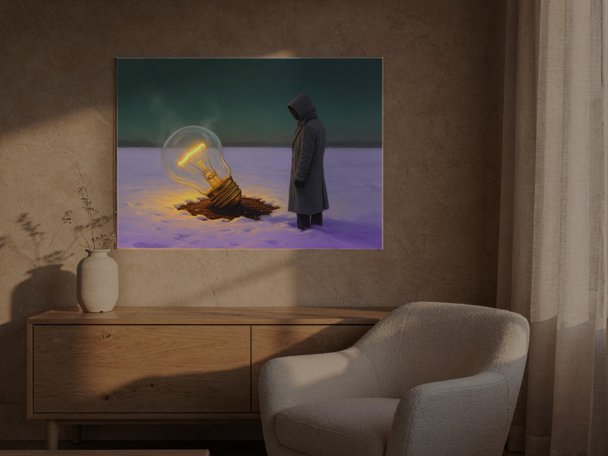 Dusk Over the Silent Expanse — an original artwork printed on high-gloss acrylic glass — shown in a sunlit living room