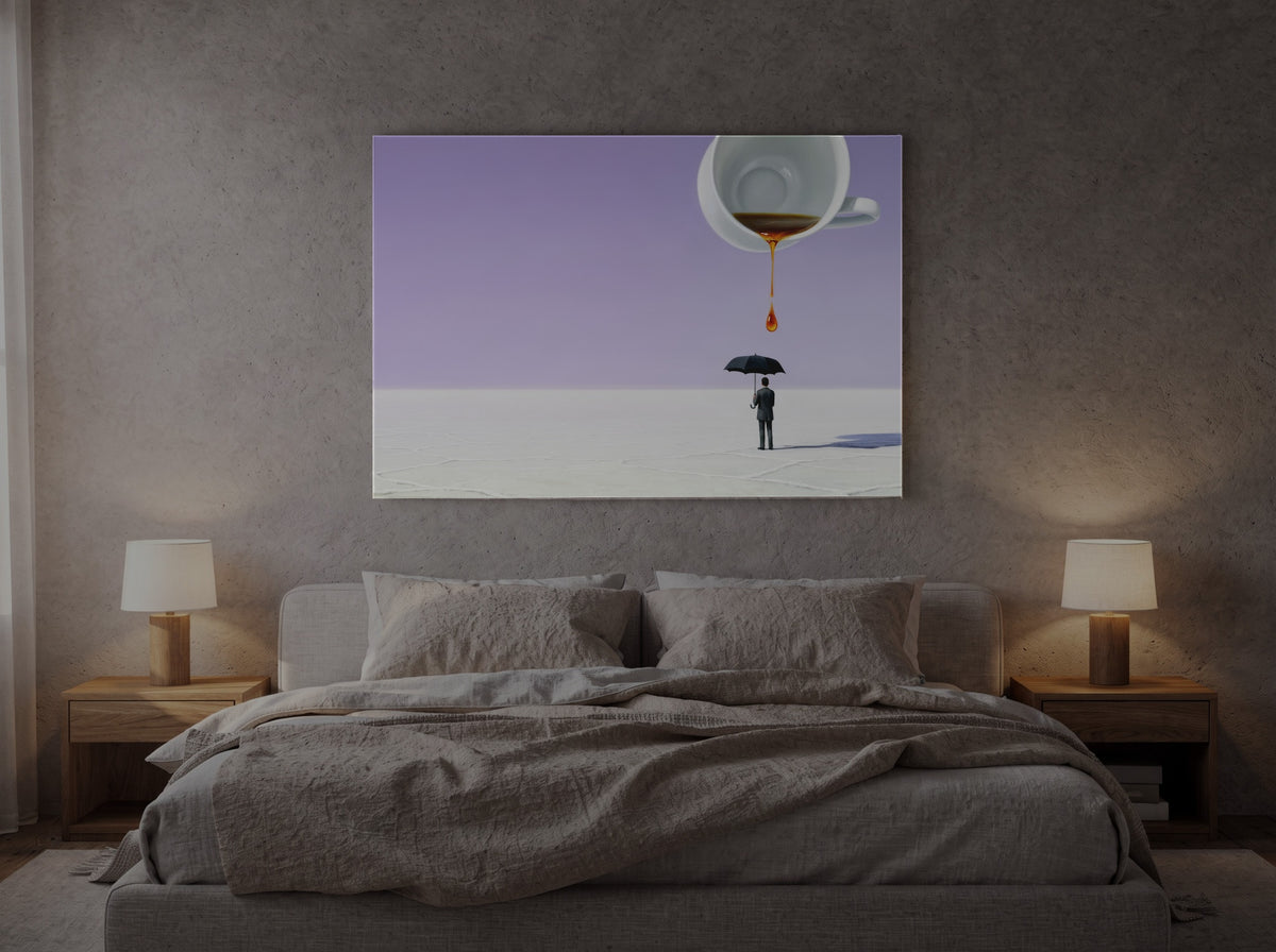 Horizon of Salt and Sky — an original artwork printed on high-gloss acrylic glass — shown in a bedroom
