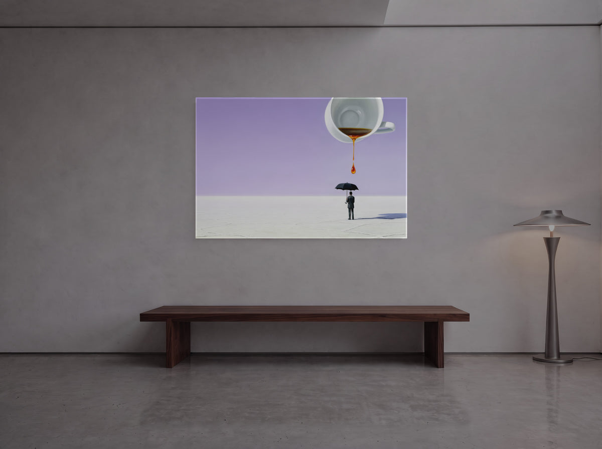 Horizon of Salt and Sky — an original artwork printed on high-gloss acrylic glass — shown in a gallery-style hall