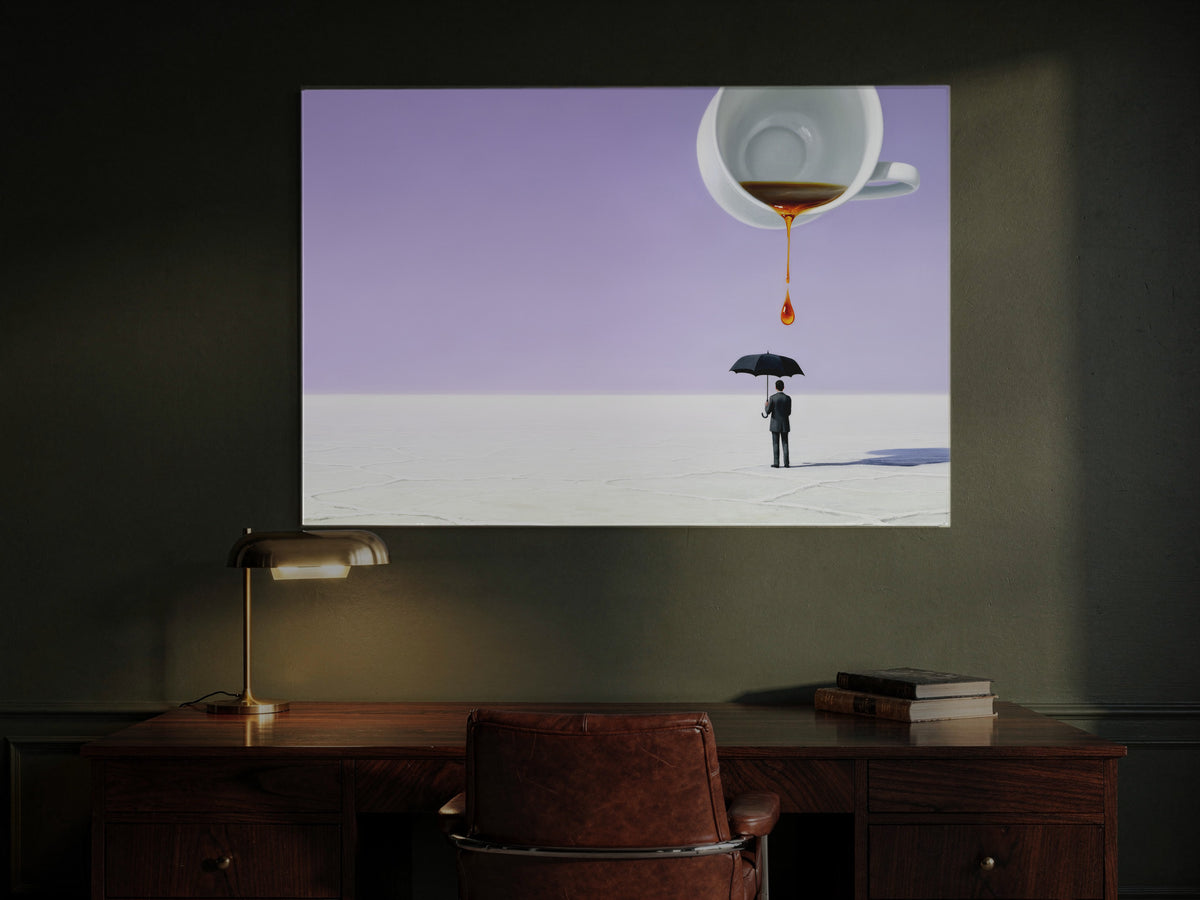 Horizon of Salt and Sky — an original artwork printed on high-gloss acrylic glass — shown in a dark green study