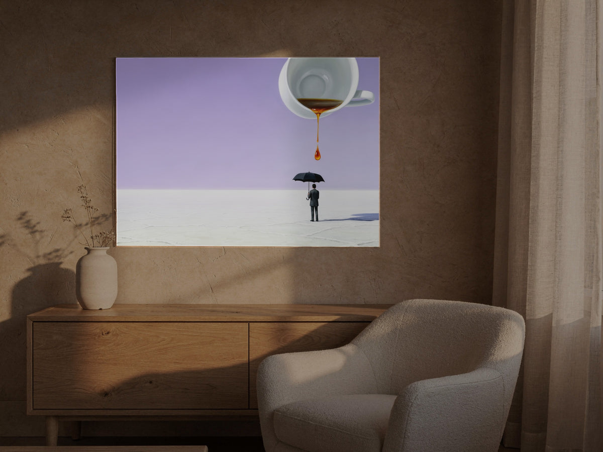 Horizon of Salt and Sky — an original artwork printed on high-gloss acrylic glass — shown in a sunlit living room
