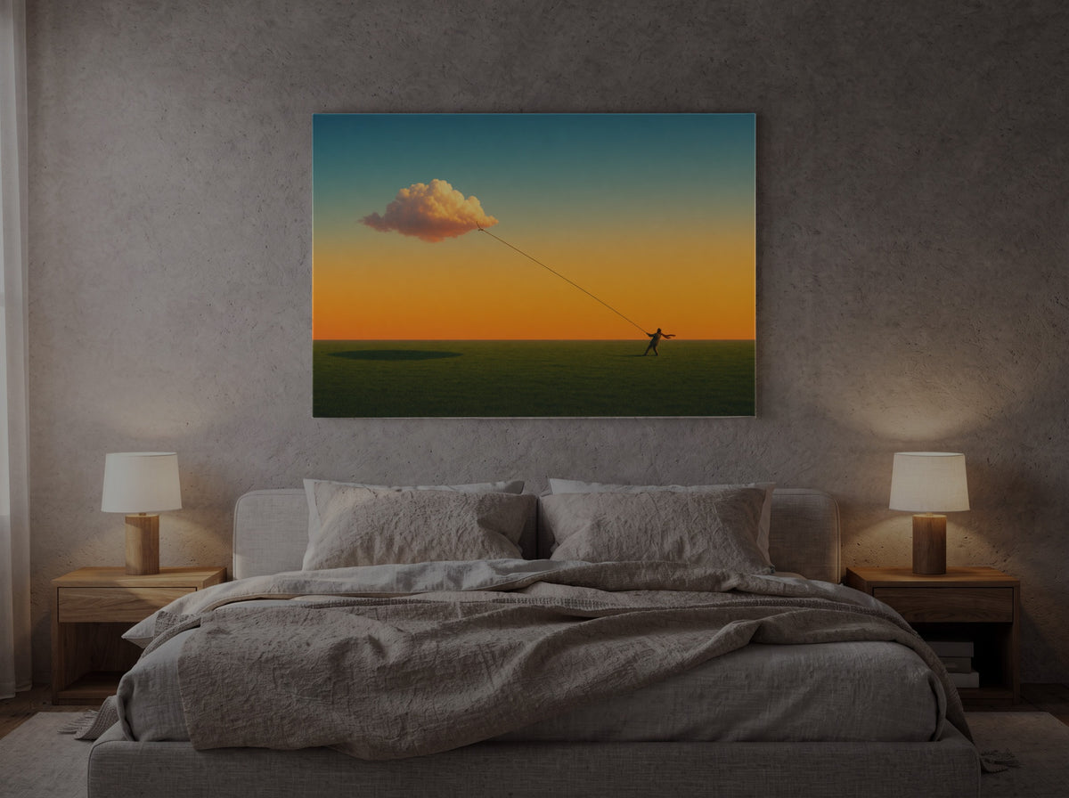Meadow Beneath Endless Sky — an original artwork printed on high-gloss acrylic glass — shown in a bedroom