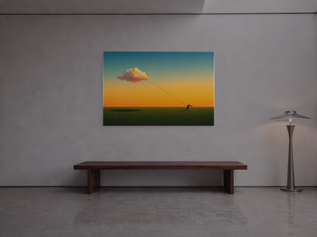 Meadow Beneath Endless Sky — an original artwork printed on high-gloss acrylic glass — shown in a gallery-style hall