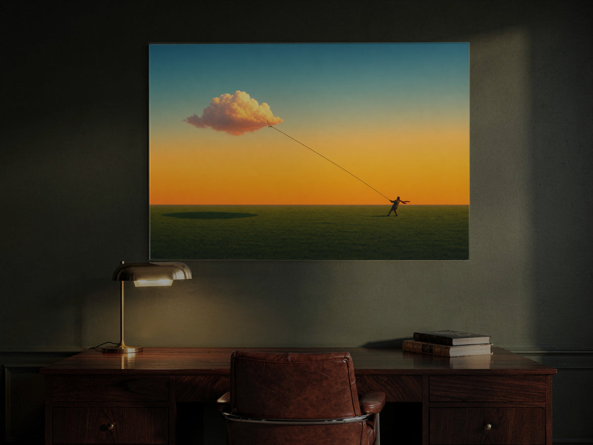 Meadow Beneath Endless Sky — an original artwork printed on high-gloss acrylic glass — shown in a dark green study