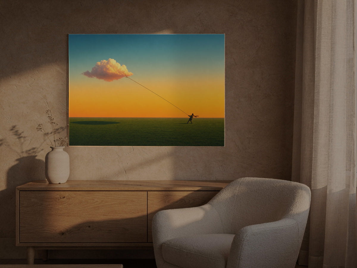 Meadow Beneath Endless Sky — an original artwork printed on high-gloss acrylic glass — shown in a sunlit living room