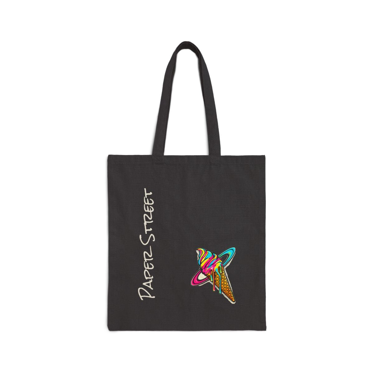 Saturn, Scooped and Dripping — an original artwork printed on 305gsm organic cotton denim or 12oz cotton canvas — you choose the bag