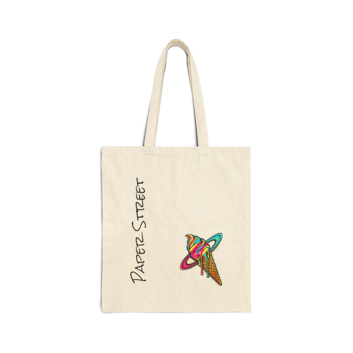 Saturn, Scooped and Dripping — an original artwork printed on 305gsm organic cotton denim or 12oz cotton canvas — you choose the bag