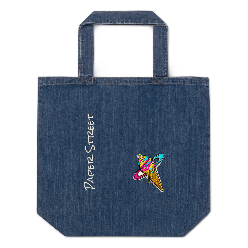 Saturn, Scooped and Dripping — an original artwork printed on 305gsm organic cotton denim or 12oz cotton canvas — you choose the bag