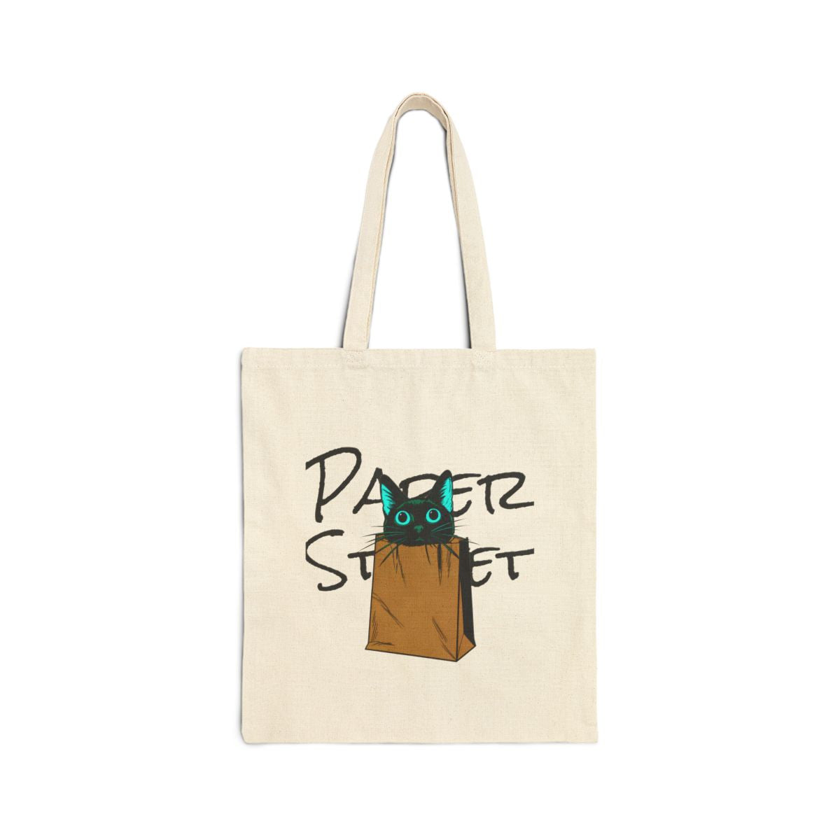 The Cat Who Chose the Bag — an original artwork printed on 305gsm organic cotton denim or 12oz cotton canvas — you choose the bag