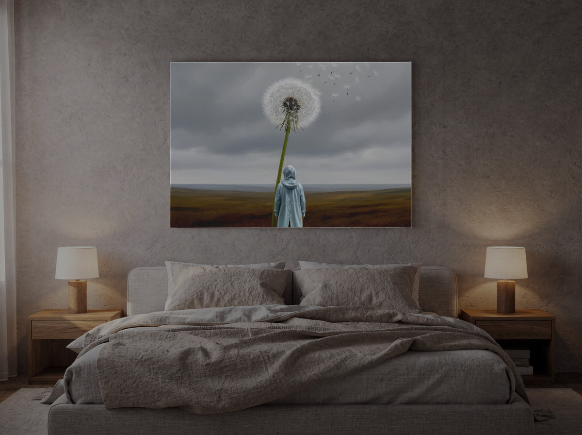 The Dandelion That Outgrew Us — an original artwork printed on high-gloss acrylic glass — shown in a bedroom