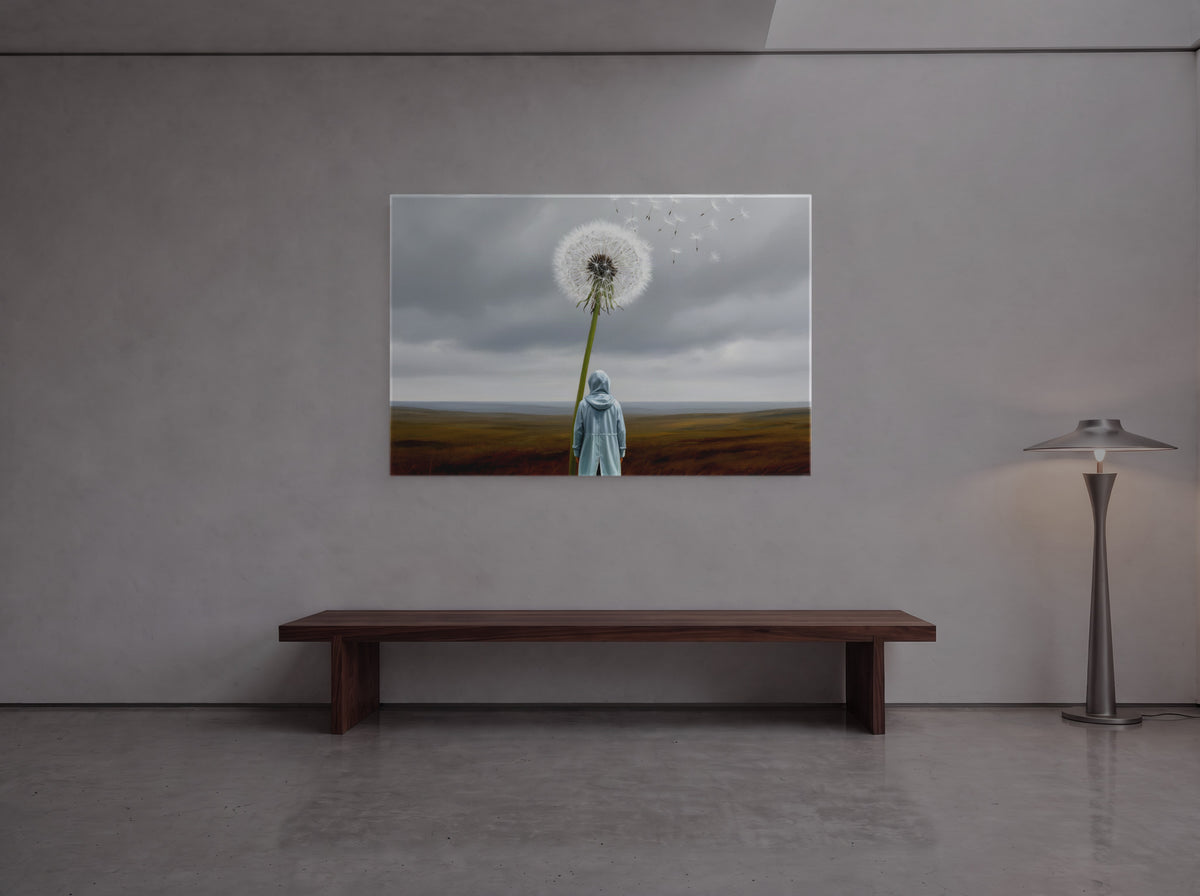 The Dandelion That Outgrew Us — an original artwork printed on high-gloss acrylic glass — shown in a gallery-style hall