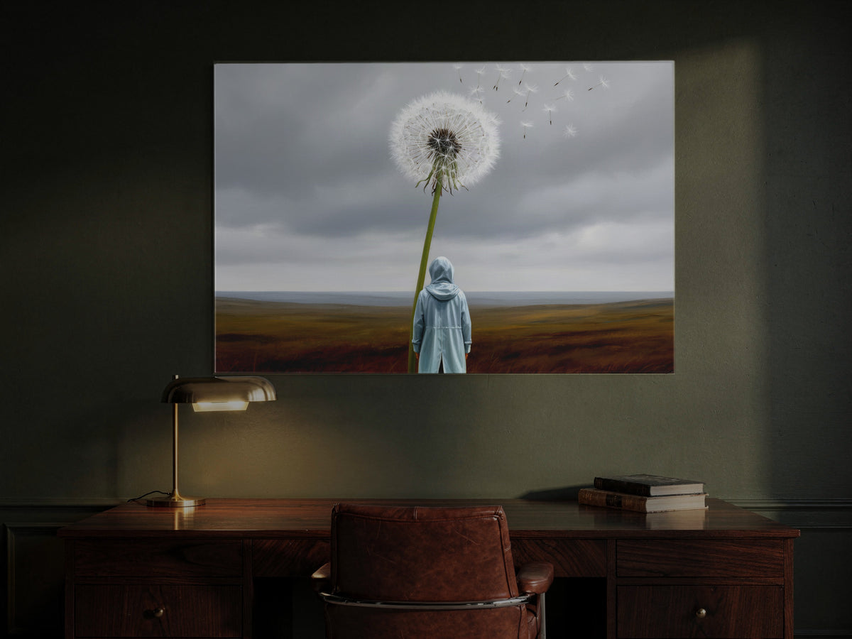 The Dandelion That Outgrew Us — an original artwork printed on high-gloss acrylic glass — shown in a dark green study