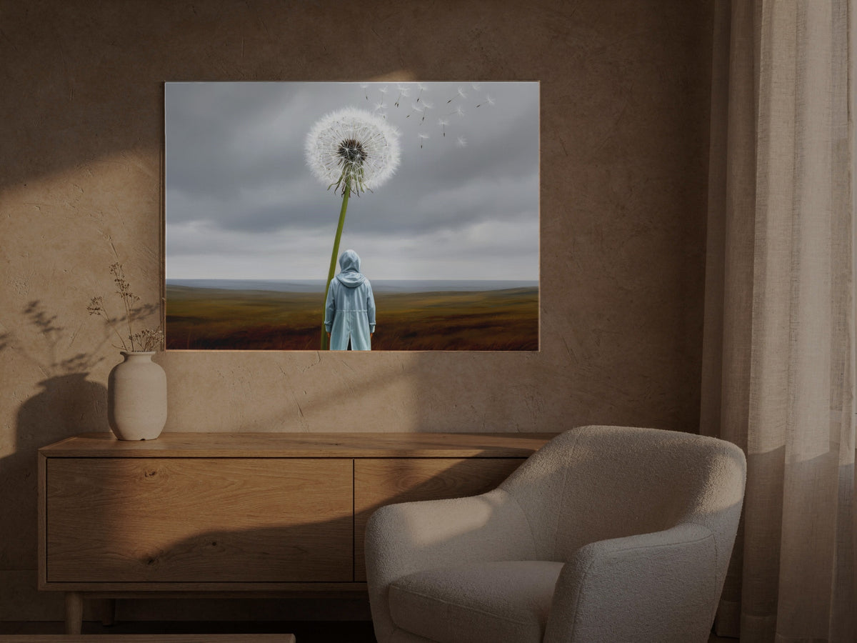 The Dandelion That Outgrew Us — an original artwork printed on high-gloss acrylic glass — shown in a sunlit living room