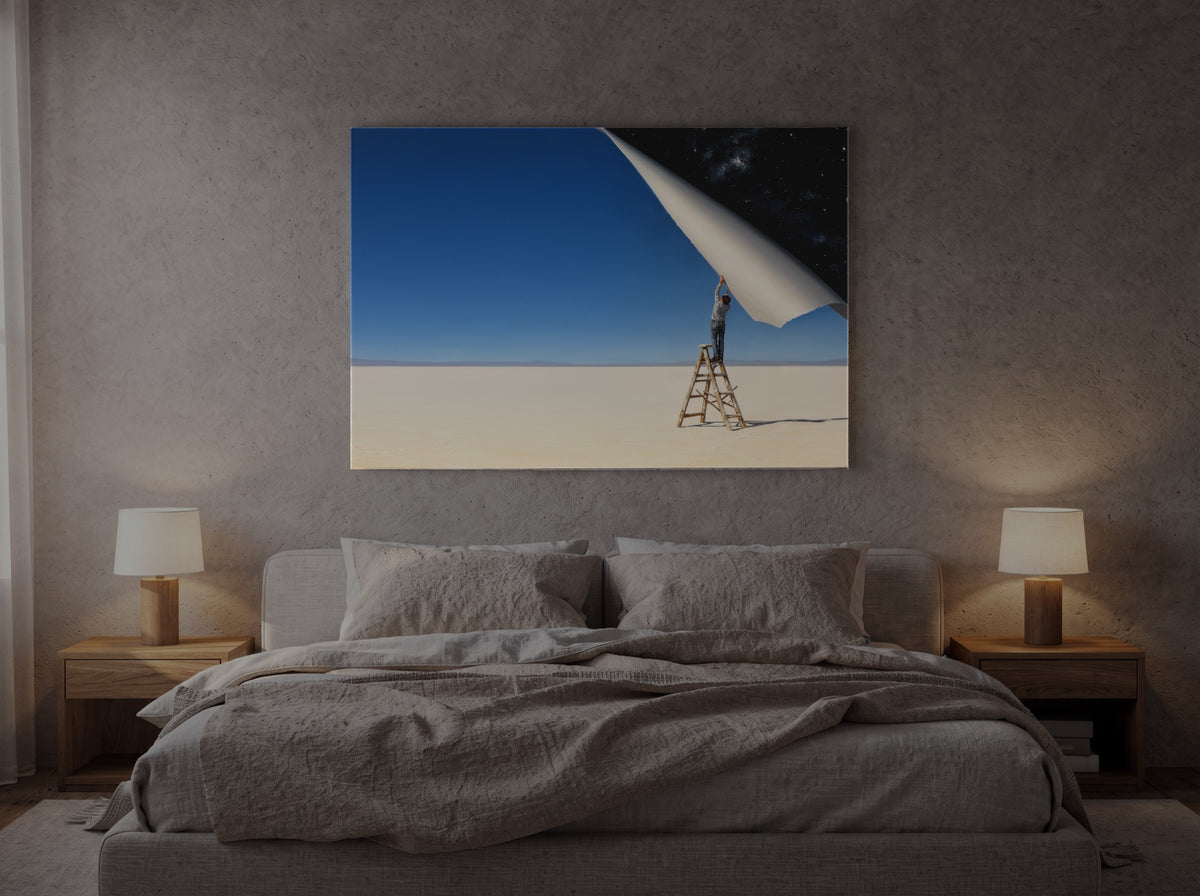 The Day Peeled Back a Little — an original artwork printed on high-gloss acrylic glass — shown in a bedroom
