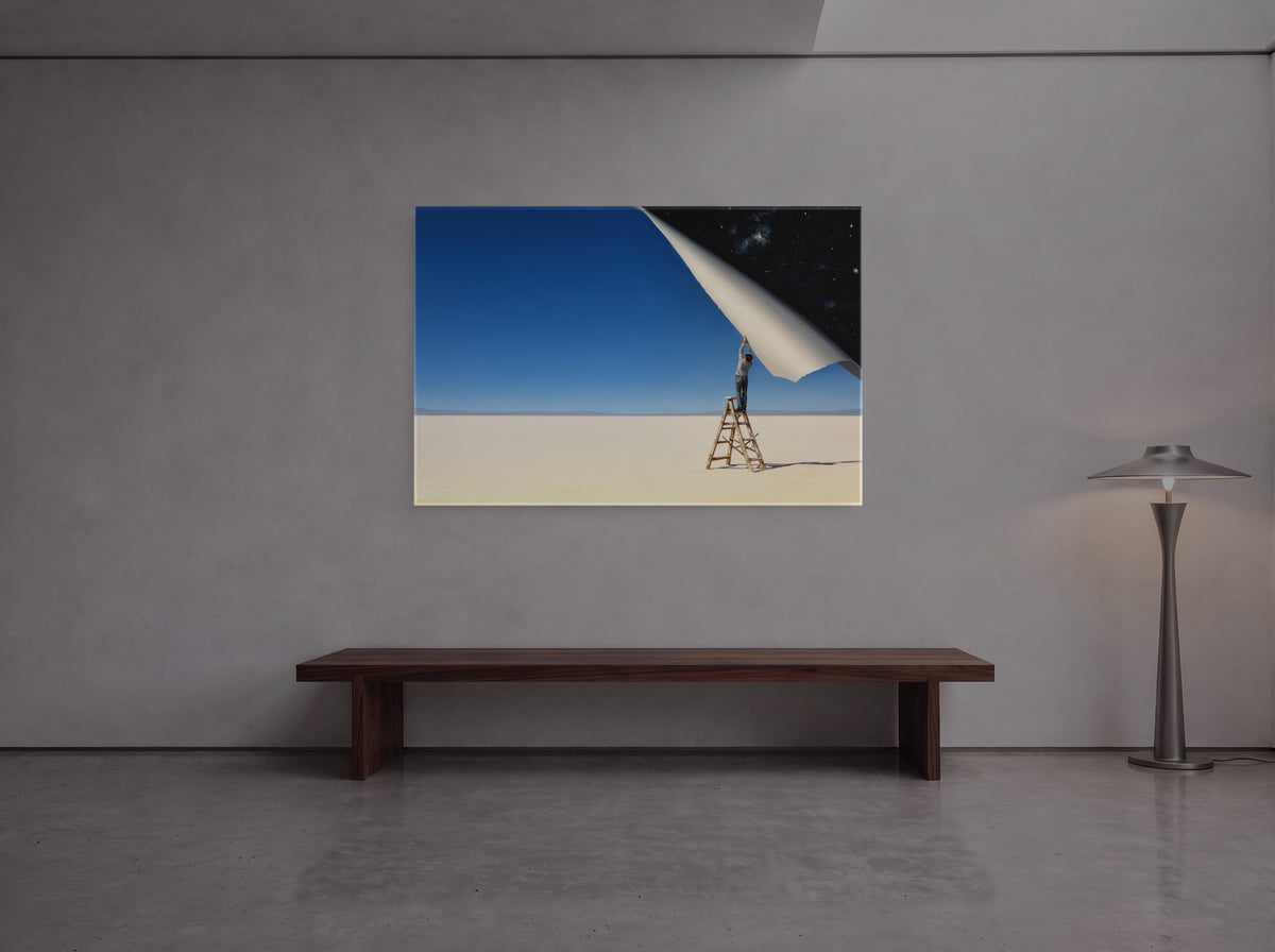 The Day Peeled Back a Little — an original artwork printed on high-gloss acrylic glass — shown in a gallery-style hall
