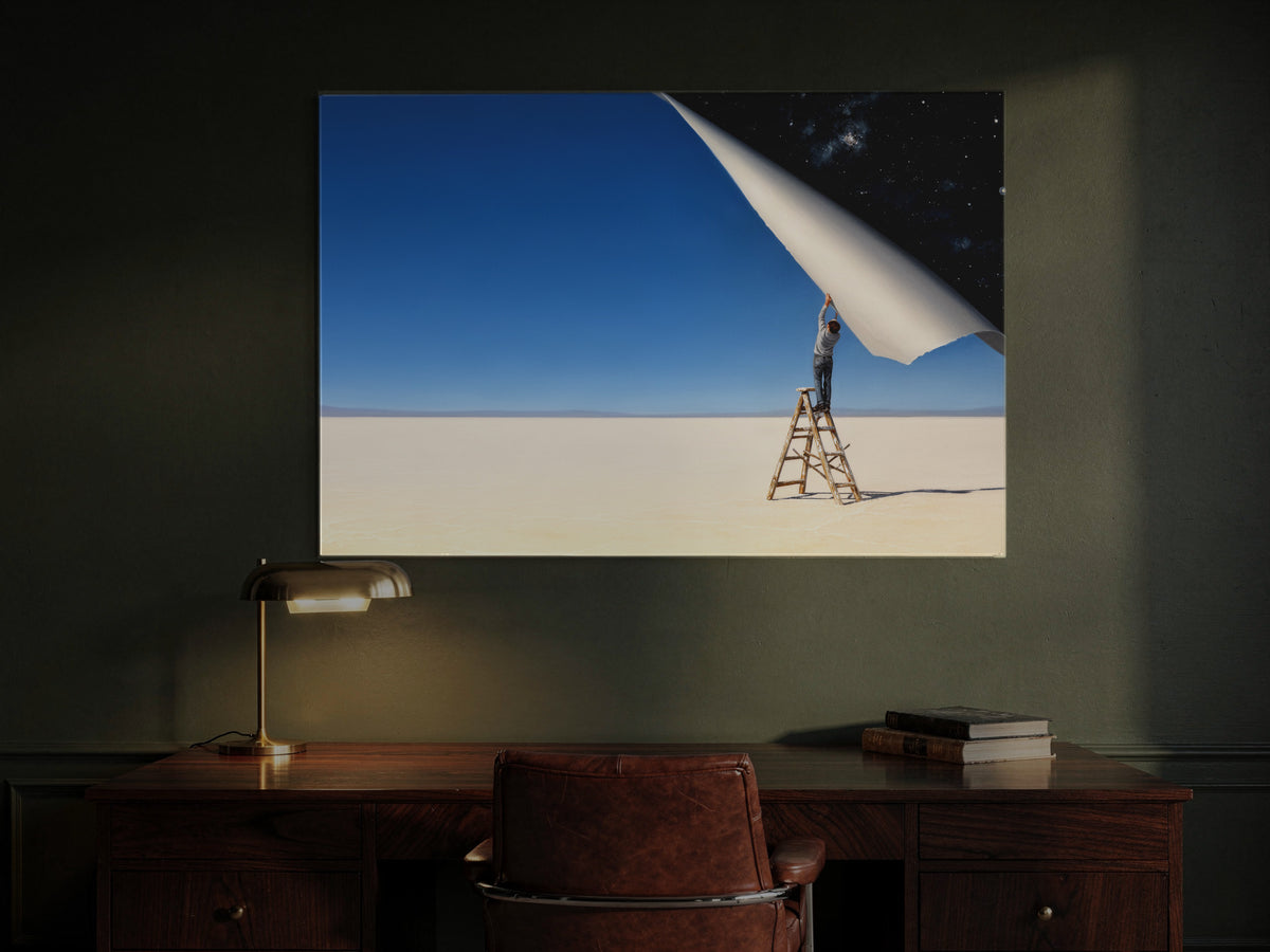 The Day Peeled Back a Little — an original artwork printed on high-gloss acrylic glass — shown in a dark green study