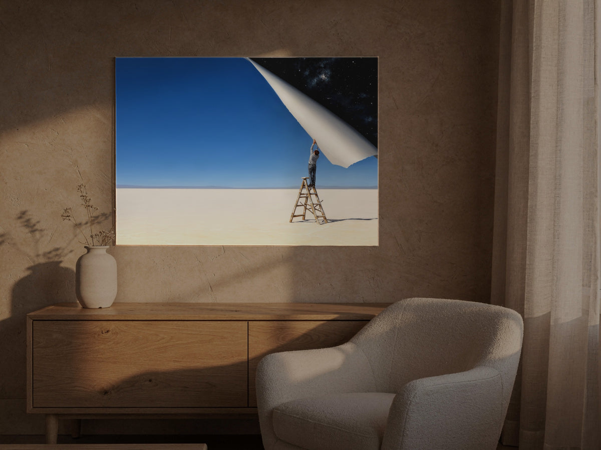 The Day Peeled Back a Little — an original artwork printed on high-gloss acrylic glass — shown in a sunlit living room