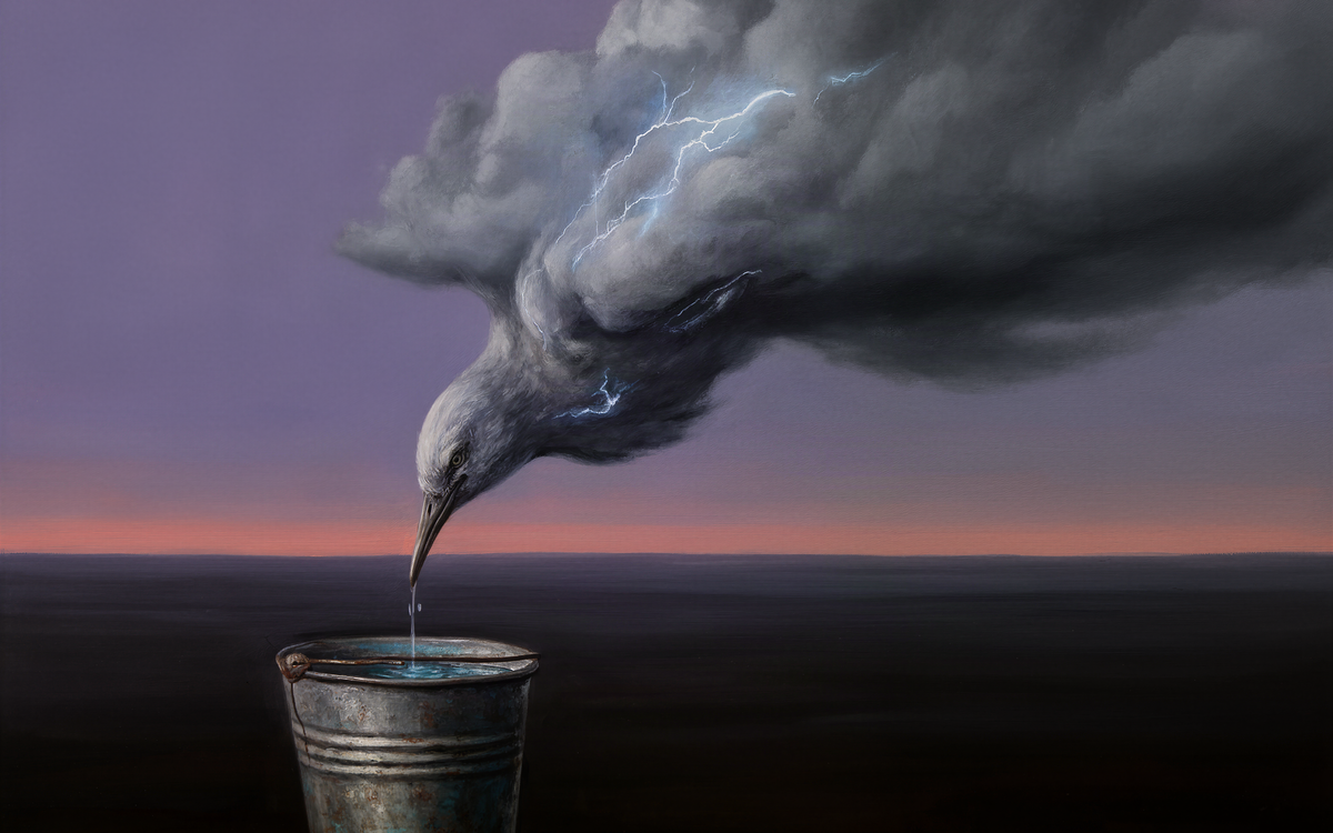 The Heron That Drinks the Storm — an original artwork printed on high-gloss acrylic glass