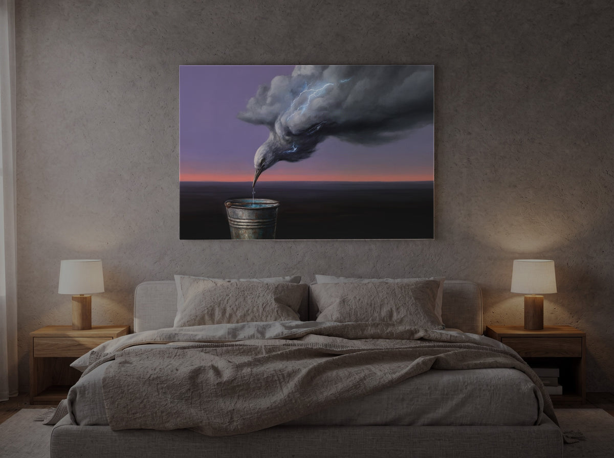 The Heron That Drinks the Storm — an original artwork printed on high-gloss acrylic glass — shown in a bedroom