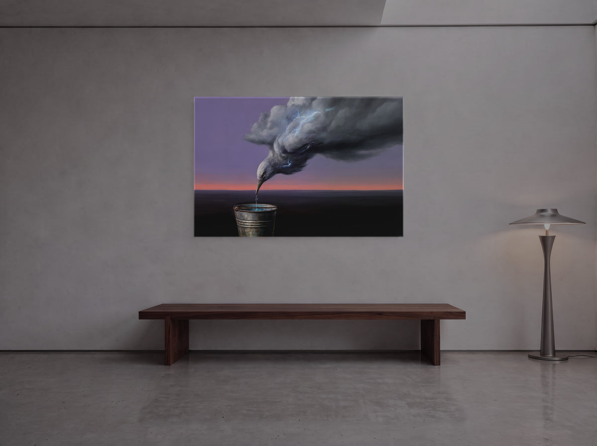 The Heron That Drinks the Storm — an original artwork printed on high-gloss acrylic glass — shown in a gallery-style hall