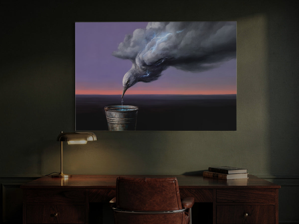 The Heron That Drinks the Storm — an original artwork printed on high-gloss acrylic glass — shown in a dark green study