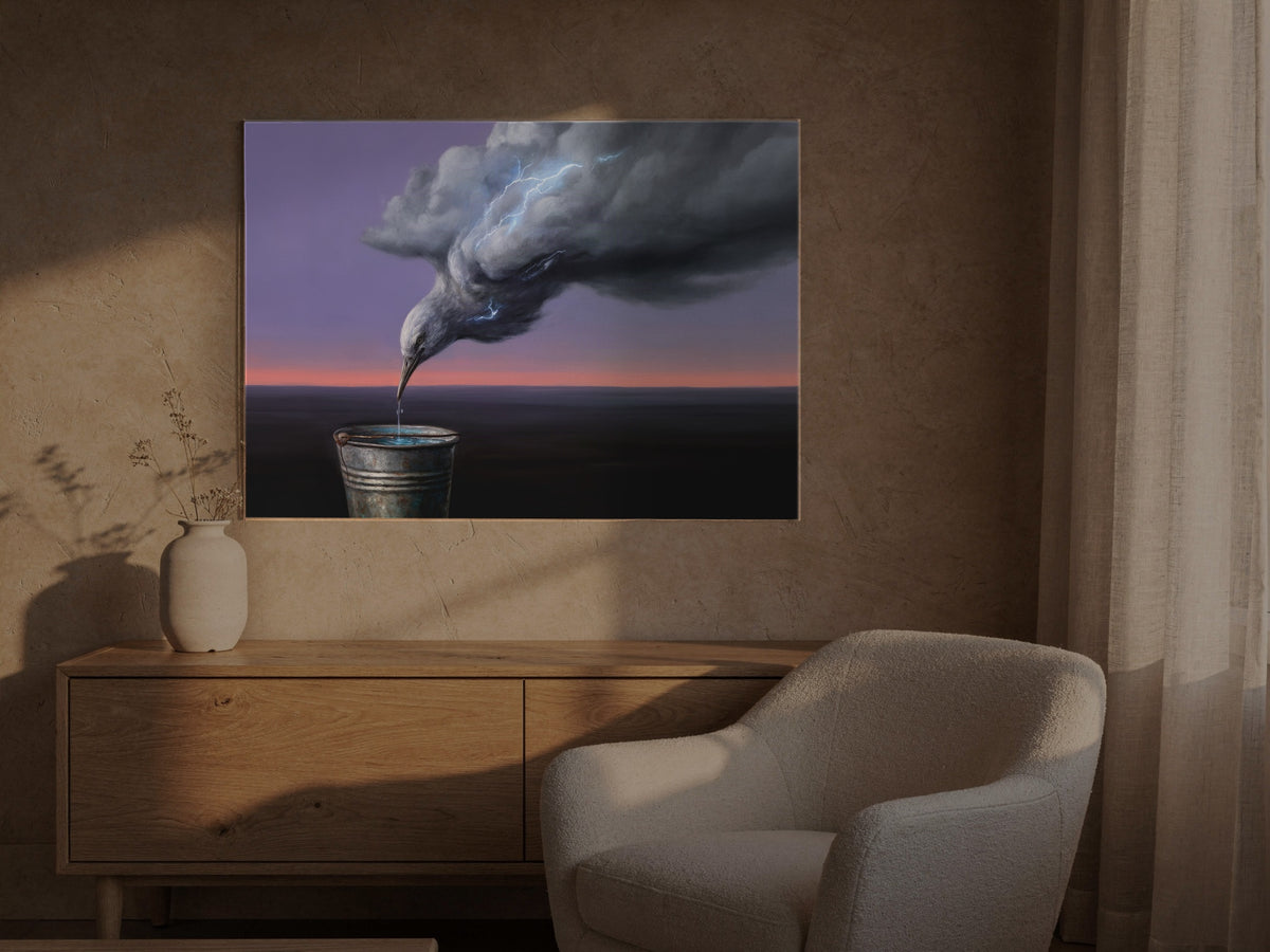The Heron That Drinks the Storm — an original artwork printed on high-gloss acrylic glass — shown in a sunlit living room
