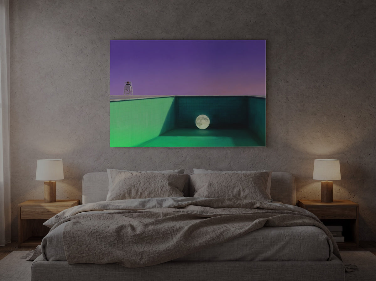 The Moon in the Deep End — an original artwork printed on high-gloss acrylic glass — shown in a bedroom
