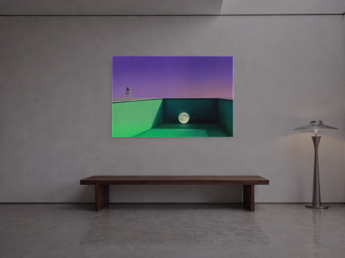 The Moon in the Deep End — an original artwork printed on high-gloss acrylic glass — shown in a gallery-style hall