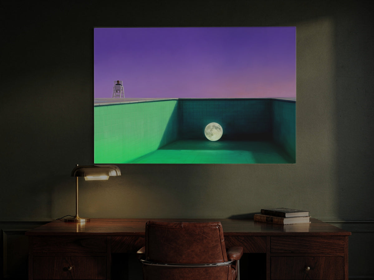 The Moon in the Deep End — an original artwork printed on high-gloss acrylic glass — shown in a dark green study