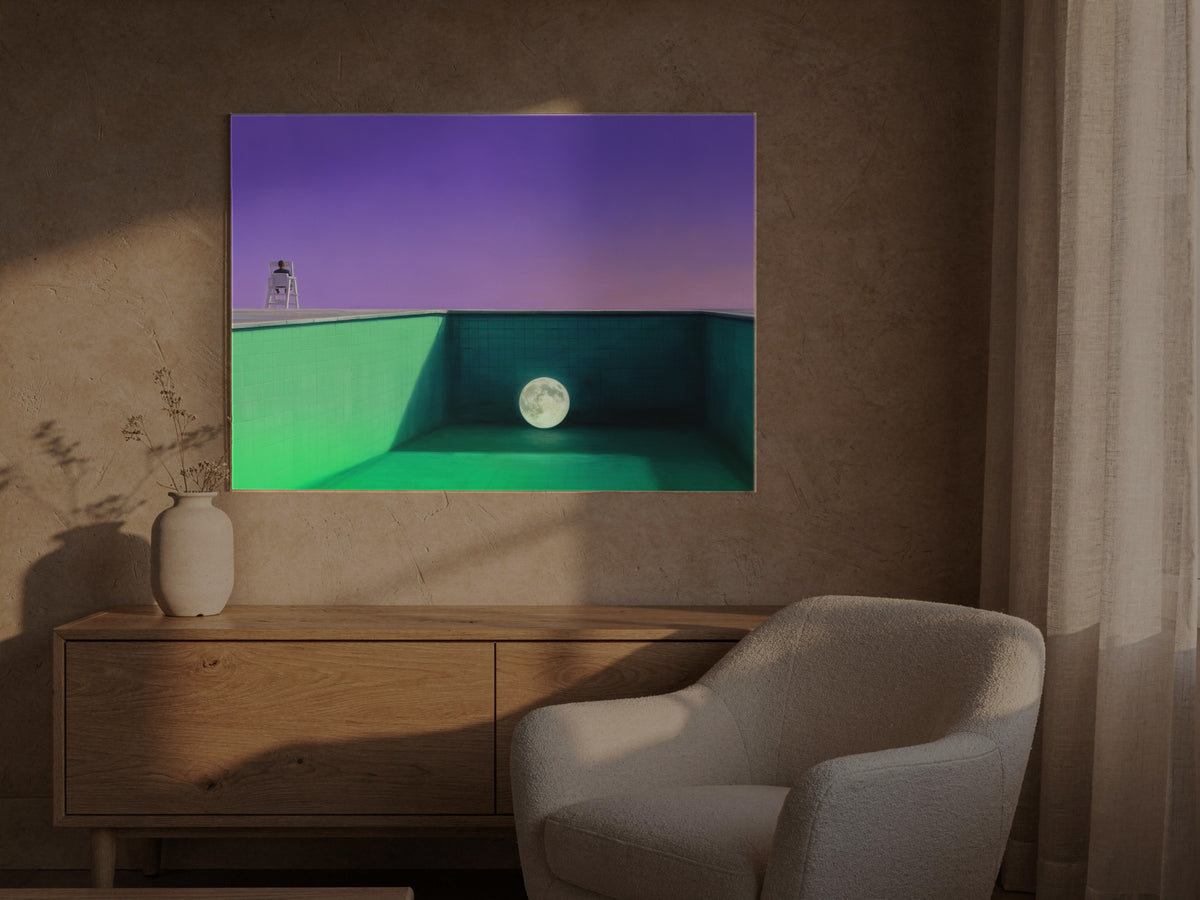 The Moon in the Deep End — an original artwork printed on high-gloss acrylic glass — shown in a sunlit living room
