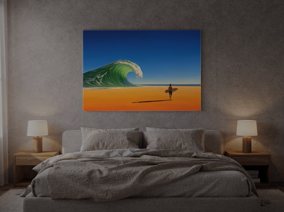 The Wave That Stayed for the Desert — an original artwork printed on high-gloss acrylic glass — shown in a bedroom