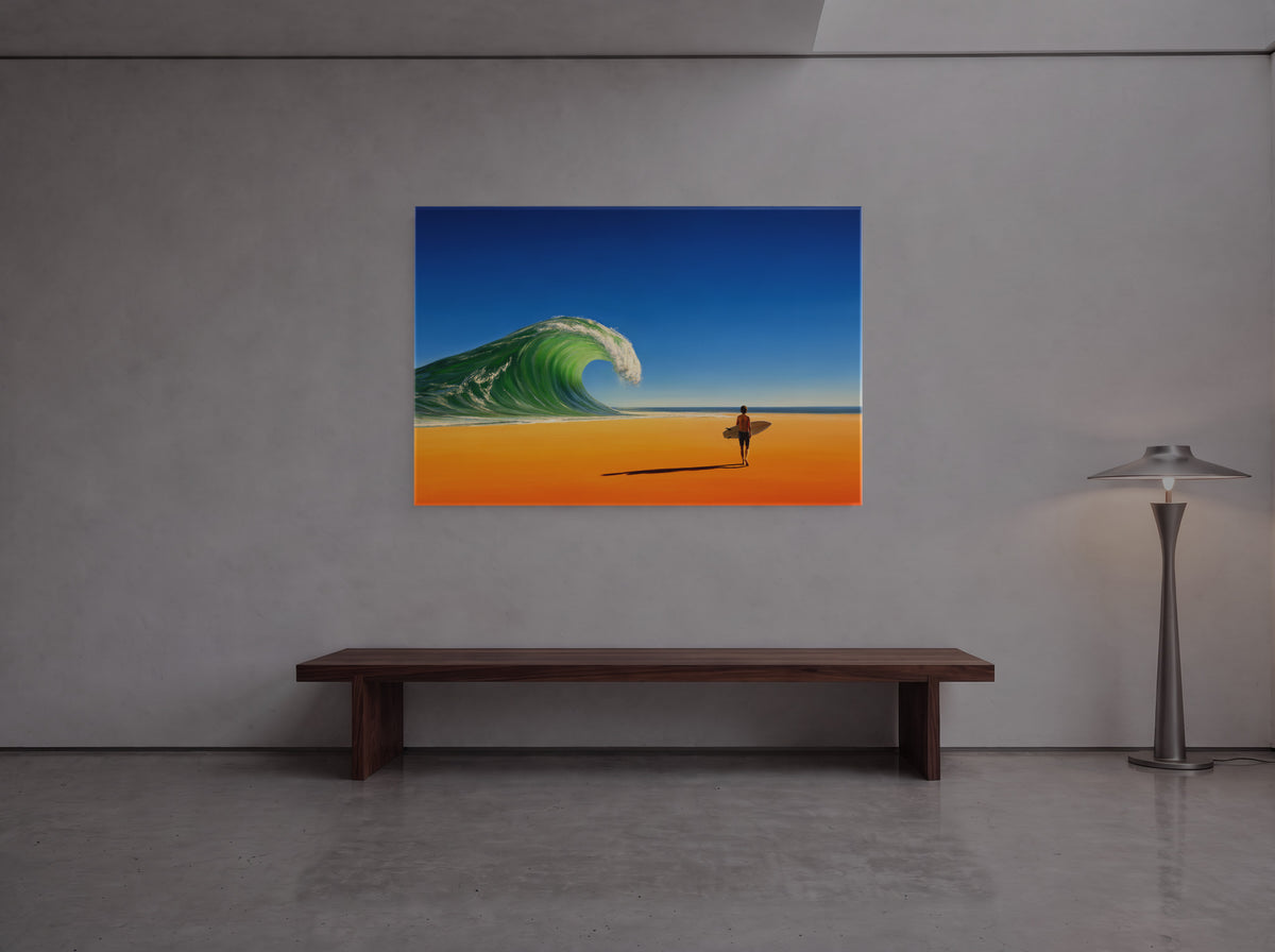 The Wave That Stayed for the Desert — an original artwork printed on high-gloss acrylic glass — shown in a gallery-style hall