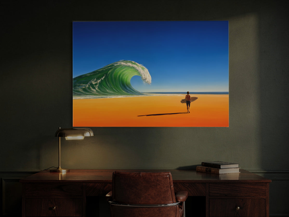 The Wave That Stayed for the Desert — an original artwork printed on high-gloss acrylic glass — shown in a dark green study