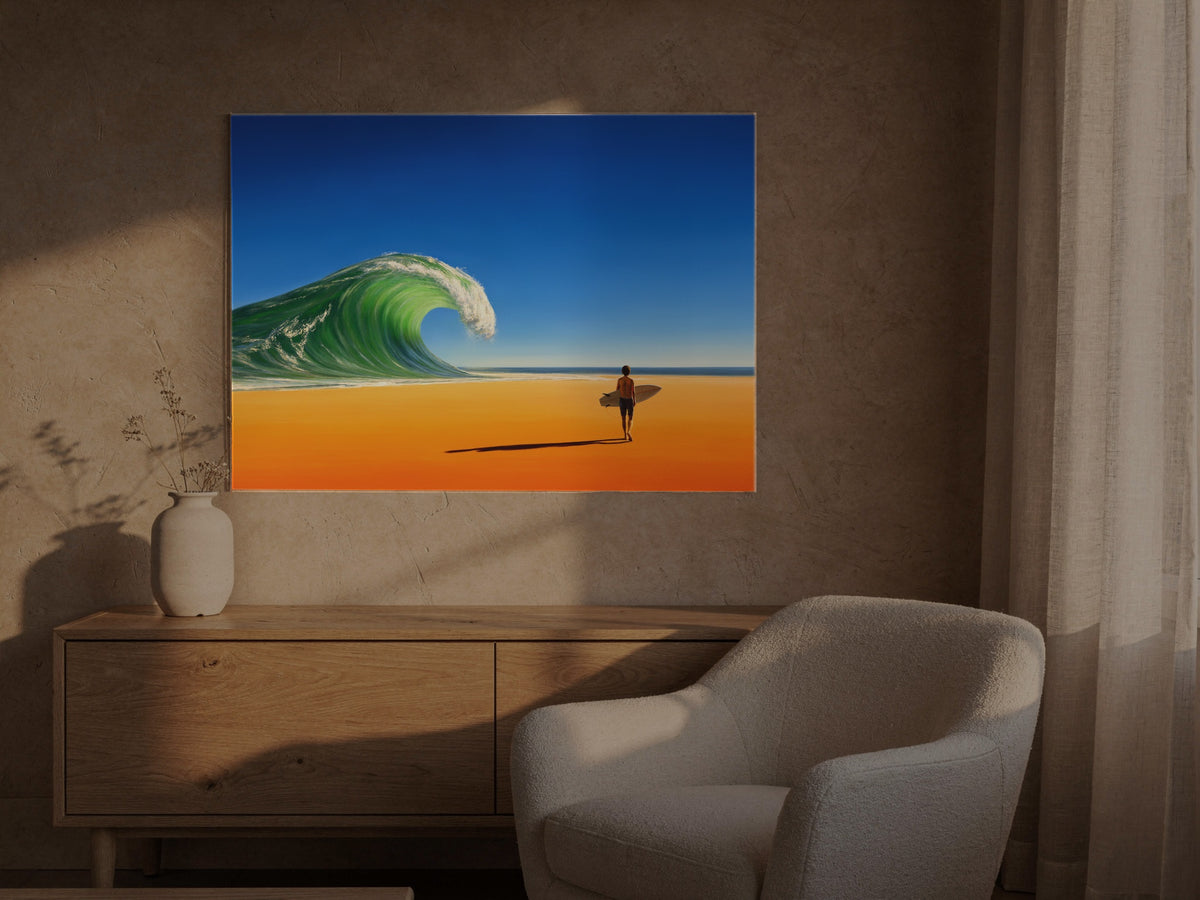 The Wave That Stayed for the Desert — an original artwork printed on high-gloss acrylic glass — shown in a sunlit living room