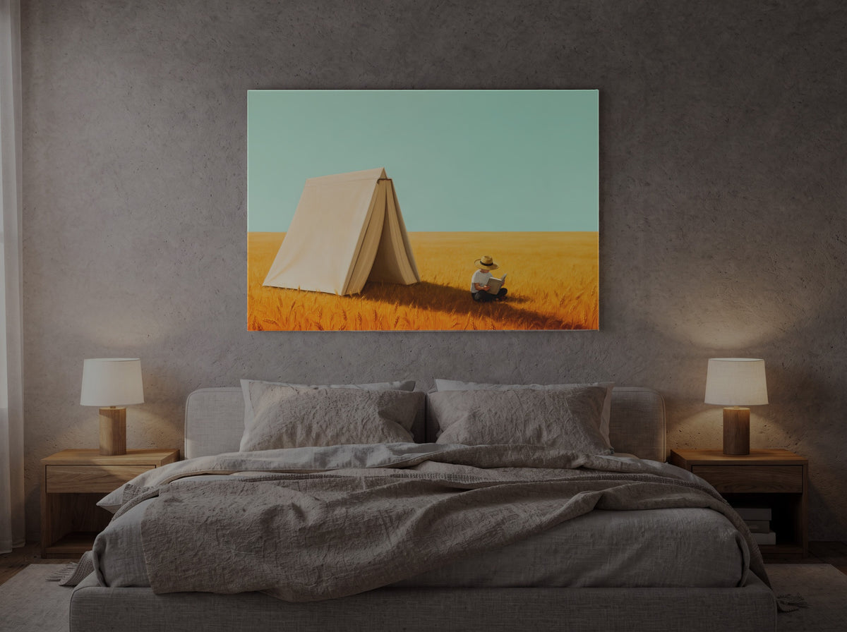 Where Horizons Breathe — an original artwork printed on high-gloss acrylic glass — shown in a bedroom