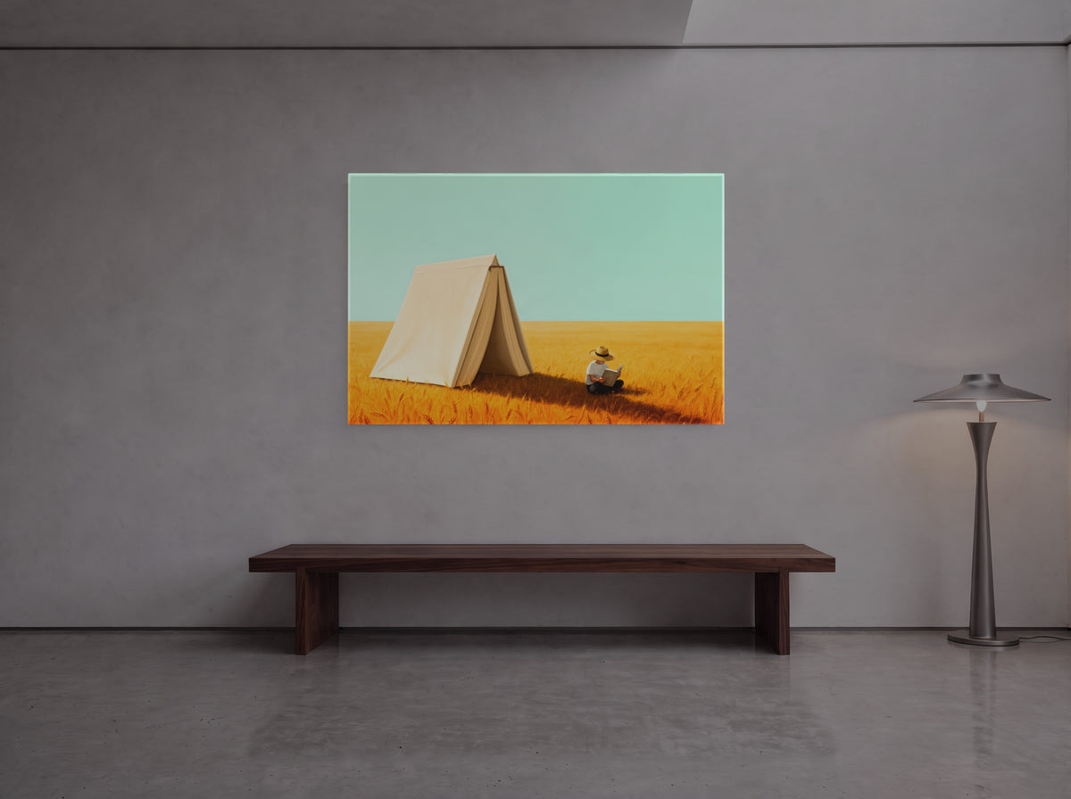 Where Horizons Breathe — an original artwork printed on high-gloss acrylic glass — shown in a gallery-style hall