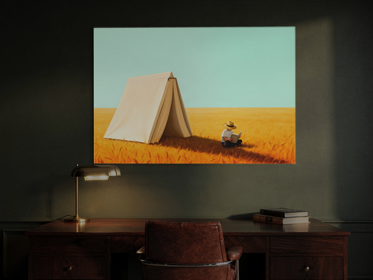 Where Horizons Breathe — an original artwork printed on high-gloss acrylic glass — shown in a dark green study