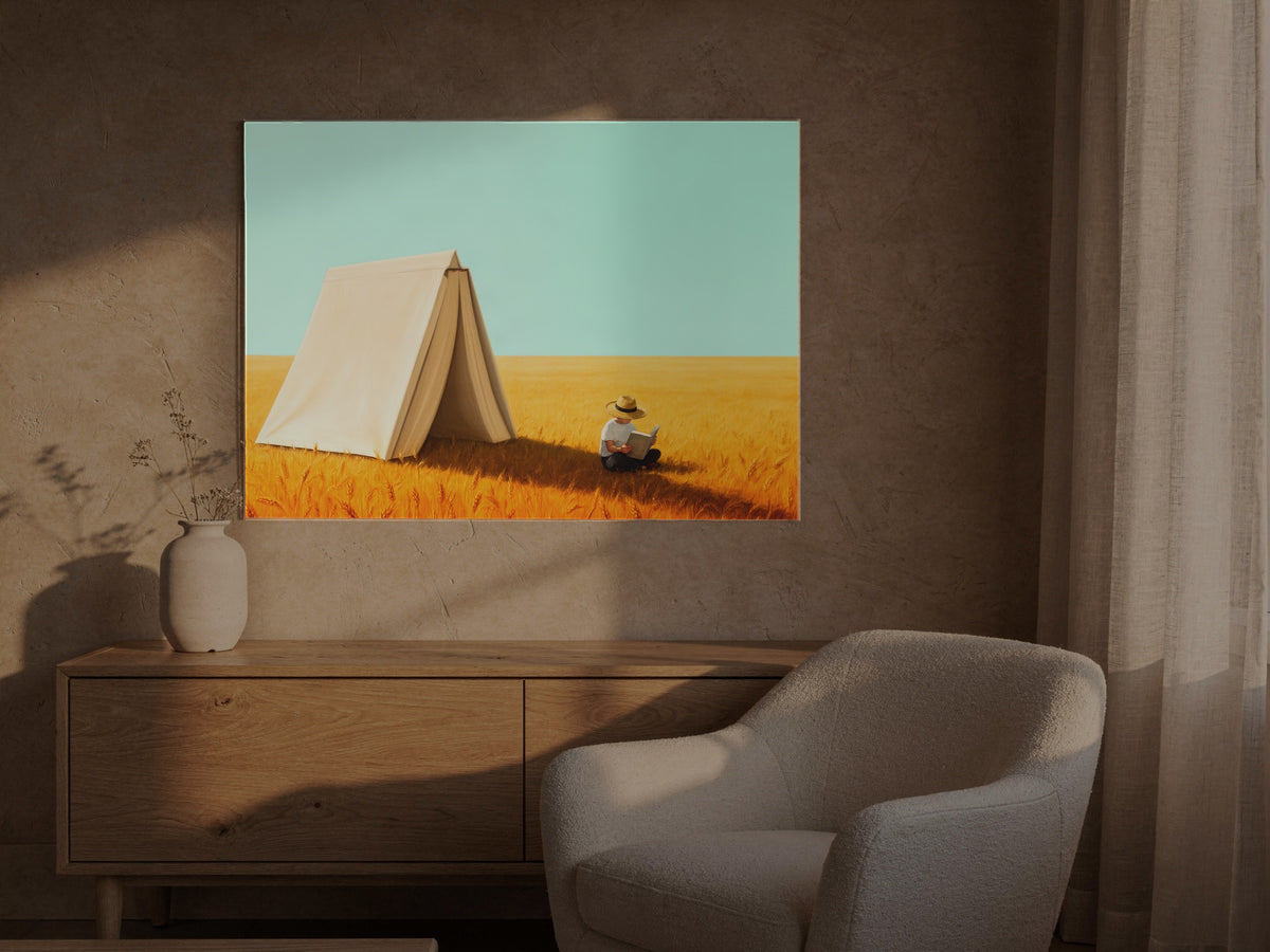 Where Horizons Breathe — an original artwork printed on high-gloss acrylic glass — shown in a sunlit living room