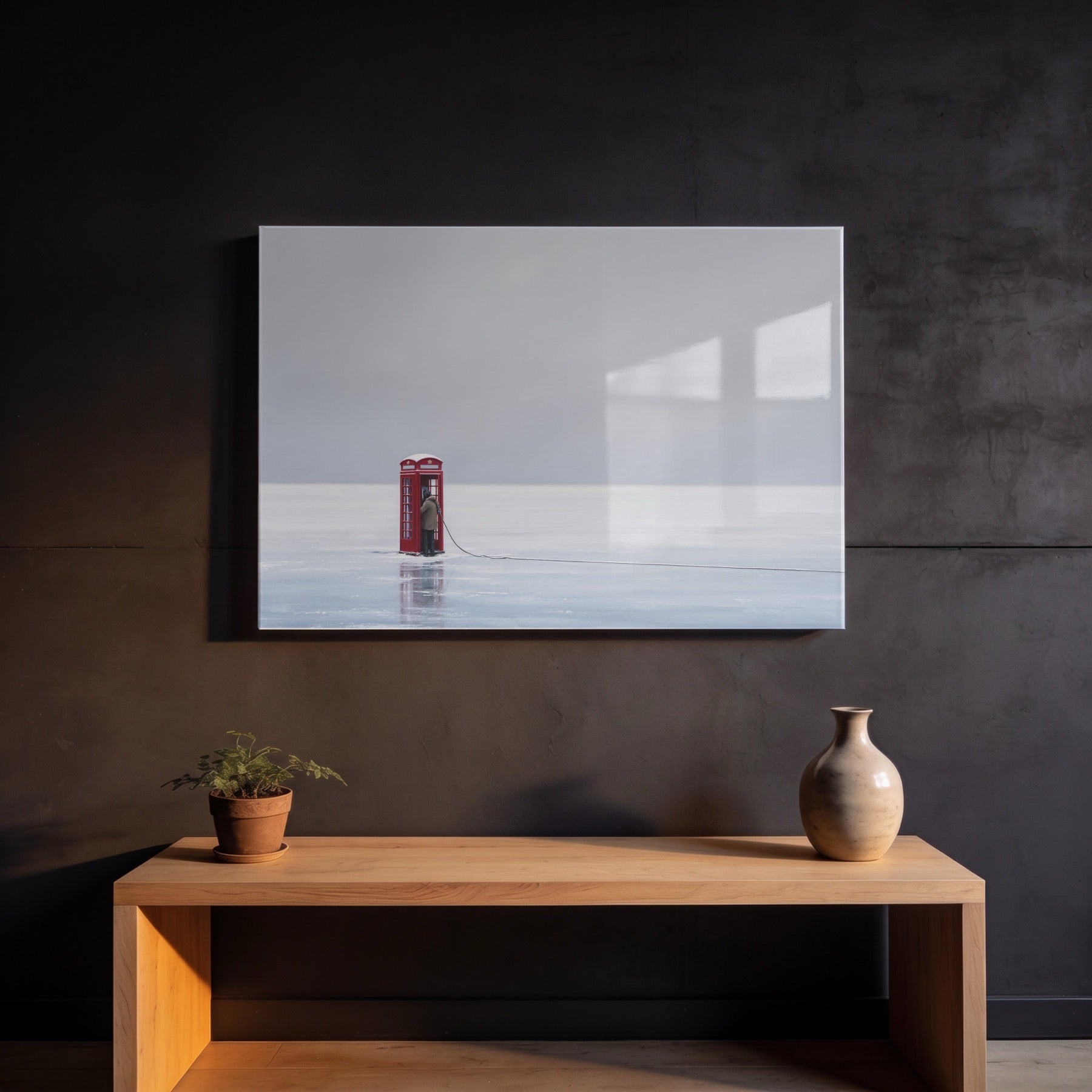An acrylic wall piece hanging above a wooden console